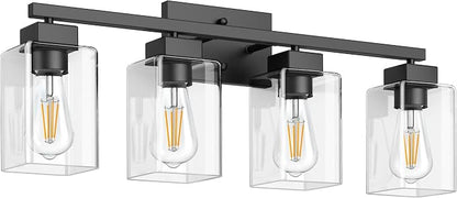 PARTPHONER 4-Light Bathroom Light Fixtures, Matte Black Modern Vanity Lights, Bathroom Lighting Fixtures Over Mirror, Square Design Farmhouse Wall Sconces with Clear Glass Shades