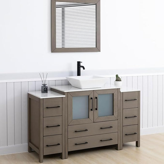 Vanity Art 54 Inch Vessel Single Sink Bathroom Vanity Cabinet with 1 Mirror, Engineered Marble Top Bathroom Cabinet Compact Set with 8 Dovetail Drawers and Soft Closing Doors, VA3130-54DG