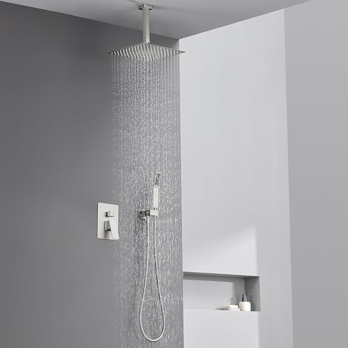Shower System 12 Inches Rain Shower Combo Set Brushed Nickel Ceiling Mount Shower Faucet Bathroom Faucets with Rainfall Shower Head and Hand Shower