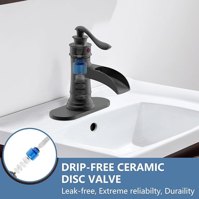 Black Bathroom Faucet Matte Waterfall Sink Farmhouse Vanity Single Hole Faucets One Handle Basin Antique centerset with Pop Up Drain Stopper Mixer Tap Overflow Supply Line by Homevacious
