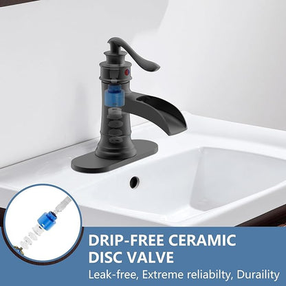 Black Bathroom Faucet Matte Waterfall Sink Farmhouse Vanity Single Hole Faucets One Handle Basin Antique centerset with Pop Up Drain Stopper Mixer Tap Overflow Supply Line by Homevacious