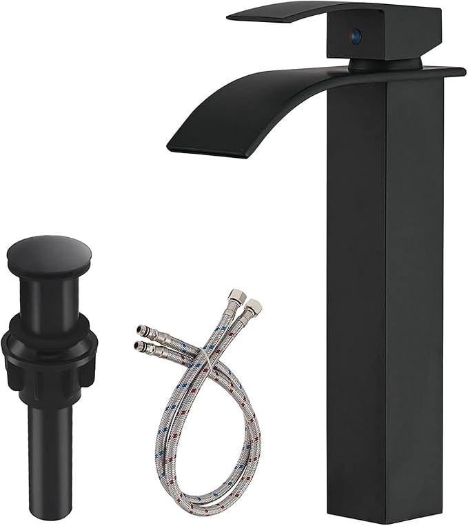 Vessel Sink Faucet Waterfall Bathroom Faucet Matte Black Stainless Steel Tall Single Handle One Hole Deck Mount Bowl Vanity Sink Faucet with Pop-up Drain Stopper