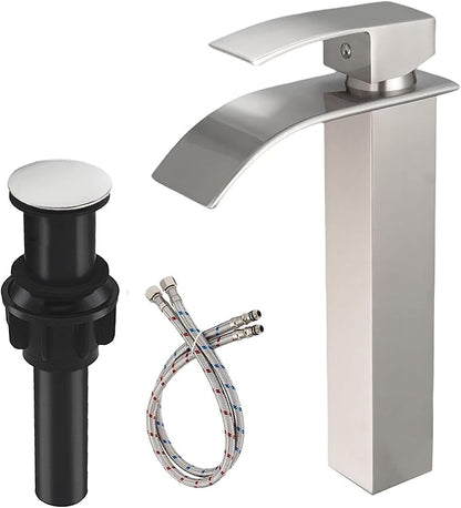 Brushed Nickel Bathroom Vessel Sink Faucet, Waterfall Vessel Faucet, Tall Body 1 Hole Single Handle with Pop Up Drain Without Overflow Combo Vanity Mixer Tap Basin Bowl Sink Silver