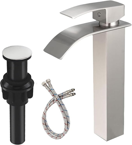 Brushed Nickel Bathroom Vessel Sink Faucet, Waterfall Vessel Faucet, Tall Body 1 Hole Single Handle with Pop Up Drain Without Overflow Combo Vanity Mixer Tap Basin Bowl Sink Silver