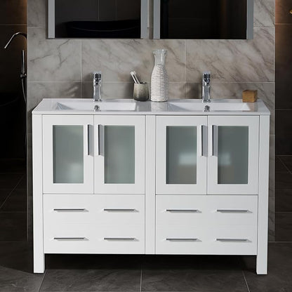 Blossom 48 Inch Solid Wood Double Sink Bathroom Vanity with Ceramic Top | Luxury Freestanding Master Bath Cabinet | 5-Layer Moisture-Resistant Finish | Soft-Close Drawers, Glossy White