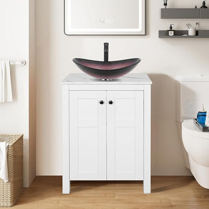 24 Inch White Bathroom Vanity with Marble Texture Top, Traditional Standing Pedestal Cabinet with Pink Boat Glass Sink