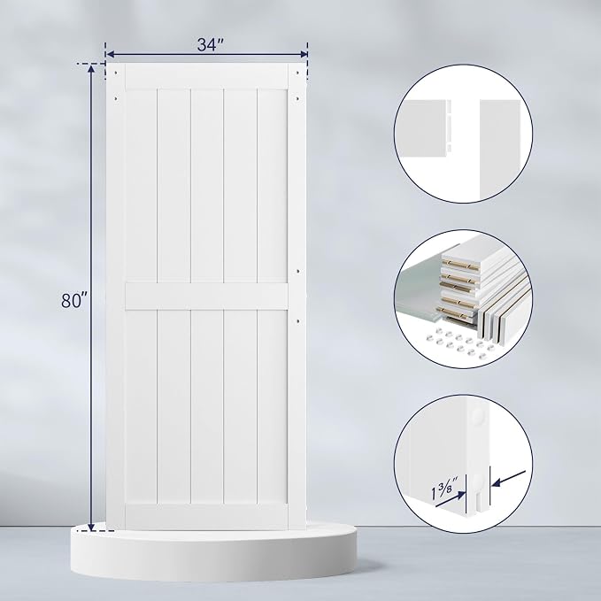 SMARTSTANDARD 34" x 80" White Sliding Barn Door with 6FT Black Hardware | Pre-Drilled Ready to Assemble, Waterproof PVC Coating, H-Frame