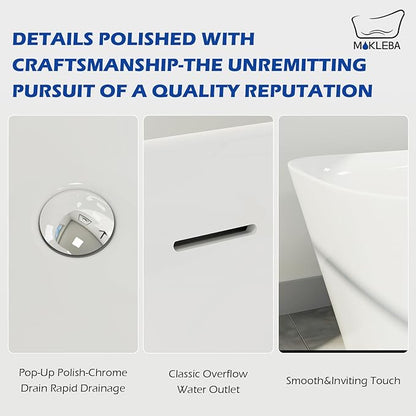 59" Acrylic Freestanding Bathtub, Single Slipper Free Standing Tub, Soaking Tub with Integrated Slotted Overflow, Toe-Tap Chrome Drain, cUPC Certified, Glossy White