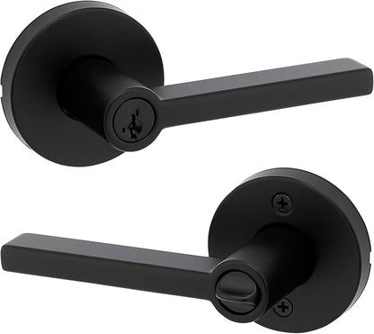 Kwikset Halifax Entry Door Handle with Lock and Key, Secure Round Keyed Reversible Lever Exterior, for Front Entrance and Bedrooms, Matte Black, Pick Resistant Smartkey Rekey Security and Microban