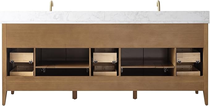 84" Bathroom Vanity with Double Sink & Engineered Marble Top, Solid Wood Frame, Linear Pattern & Soft Close Door | Golden Brushed Handware,Walnut
