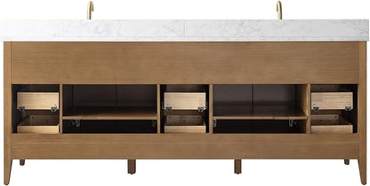 84" Bathroom Vanity with Double Sink & Engineered Marble Top, Solid Wood Frame, Linear Pattern & Soft Close Door | Golden Brushed Handware,Walnut