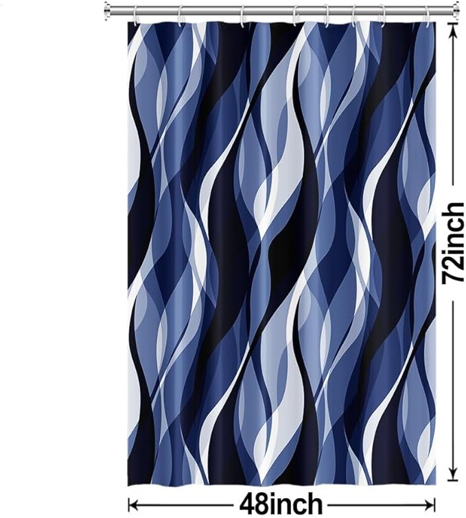 Navy Blue Shower Curtain, Black and Blue Striped Shower Curtain Set for Bathroom Modern Waterproof Bathroom Decor with Hooks, 48x72 Inch