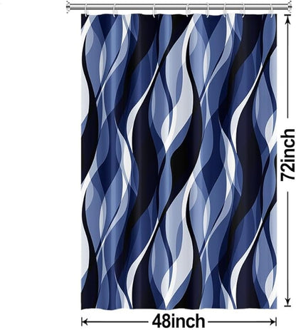 Navy Blue Shower Curtain, Black and Blue Striped Shower Curtain Set for Bathroom Modern Waterproof Bathroom Decor with Hooks, 48x72 Inch