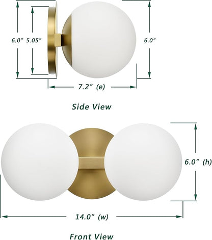 Gold Bathroom Vanity Light Fixtures, Modern 2 Lights Aged Brass Globe Wall Sconce Lighting, Porch Wall Mount Light Fixture for Bathroom, Mirror Cabinets Hallway Stairs
