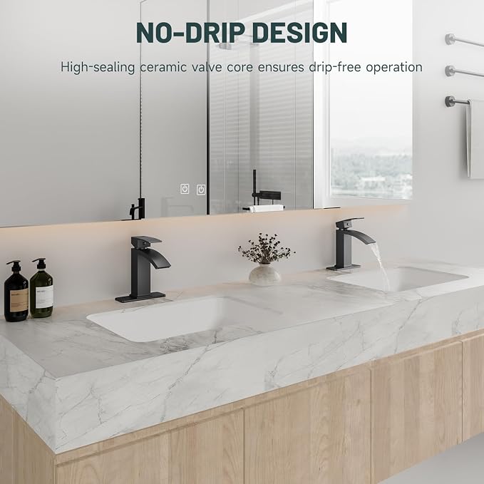 Matte Black Waterfall Bathroom Faucets for 1 or 3 Holes, Brass | Single Handle Bathroom Sink Faucet for Lavatory Commercial Vanity, Basin Taps with Deck Plate, Pop Up Drain and Supply Line