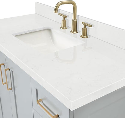 Emilia 48-Inch Bathroom Vanity with Sink — Grey Single Sink Bathroom Vanity, 1.5" Edge Carrara Quartz Countertop, Solid Wood, 2 Soft Closing Doors, 9 Dovetail Drawers