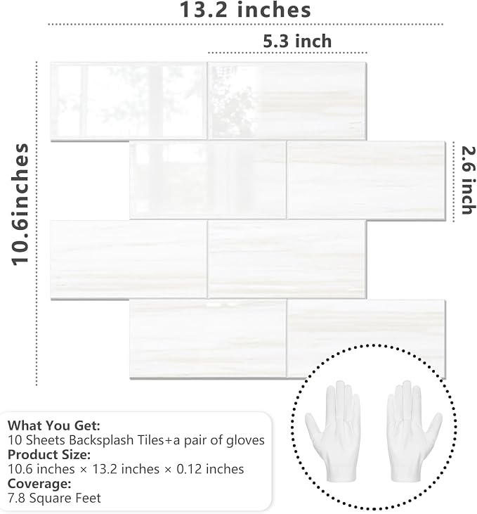 STICKGOO 10-Sheet Backsplash Peel and Stick Subway Tile(Thicker Design, Glossy Dolomite White)
