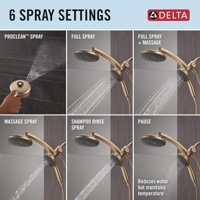 Delta 6-Setting PivotPro 3-in-1 Combination Shower Head with ProClean Spray, Brushed Gold Round Shower Head Rainfall with Handheld Spray, 1.75 GPM, Champagne Bronze 75648CZ