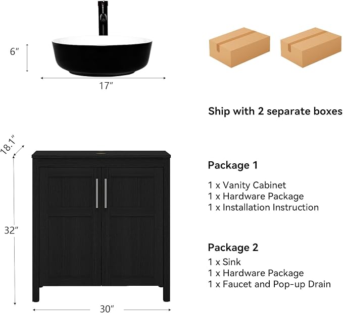 YOURLITE 30" Black Bathroom Vanity, 30" Black Bathroom Vanity Sink Combo with Black Black Ceramic Basin Faucet & Pop Up Drain Set