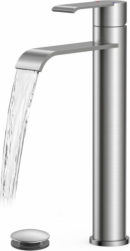 FORIOUS Waterfall Bathroom Vessel Sink Faucet Brushed Nickel Single Hole | Waterfall Brushed Nickel Tall Bathroom Faucet 1 Hole, Silver Bathroom Sink Faucet for Vessel Sink with Drain and Supply Line