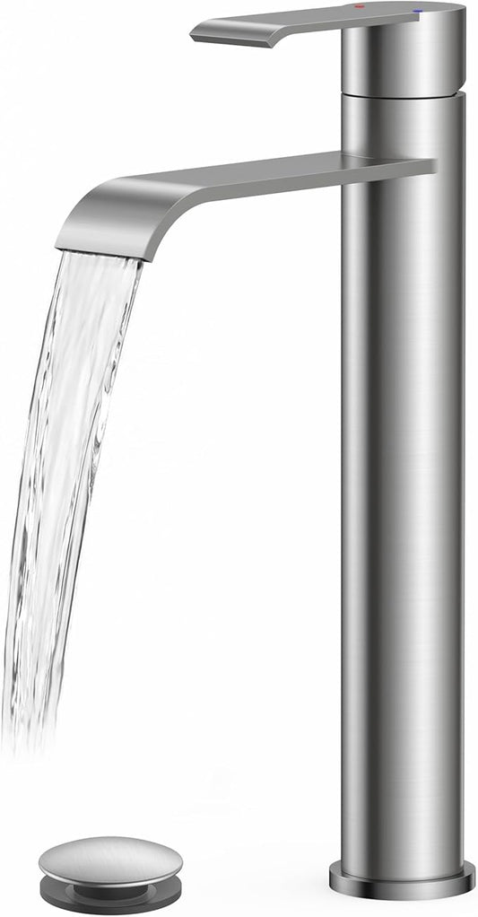 FORIOUS Waterfall Tall Bathroom Faucet for Vessel Sink, Single Handle Waterfall Brushed Nickel Bathroom Faucet 1 Hole with Lead-Free cUPC Hose and Pop-up Drain for Rv or Corner Sinks