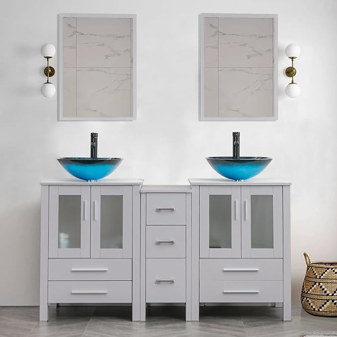 UEV 60" Double Sink Bathroom Vanity,Grey Bathroom Vanity with Double Side Vanity Cabinets & Removable 3 Drawer Storage Cabinet,Modern Vessel Sink,Mirror Not Included(A10)
