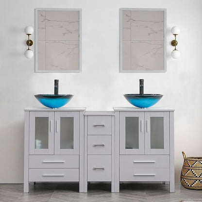 UEV 60" Double Sink Bathroom Vanity,Grey Bathroom Vanity with Double Side Vanity Cabinets & Removable 3 Drawer Storage Cabinet,Modern Vessel Sink,Mirror Not Included(A10)
