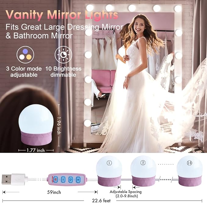 LED Vanity Mirror Lights,Hollywood Style,14 Bulbs Makeup Light | Stick On for Dresser Mirror,3 Color Lighting & Dimmable,Bright,No Drill,Power Off Memory,High CRI Shadow-Free,USB 5V,Pink