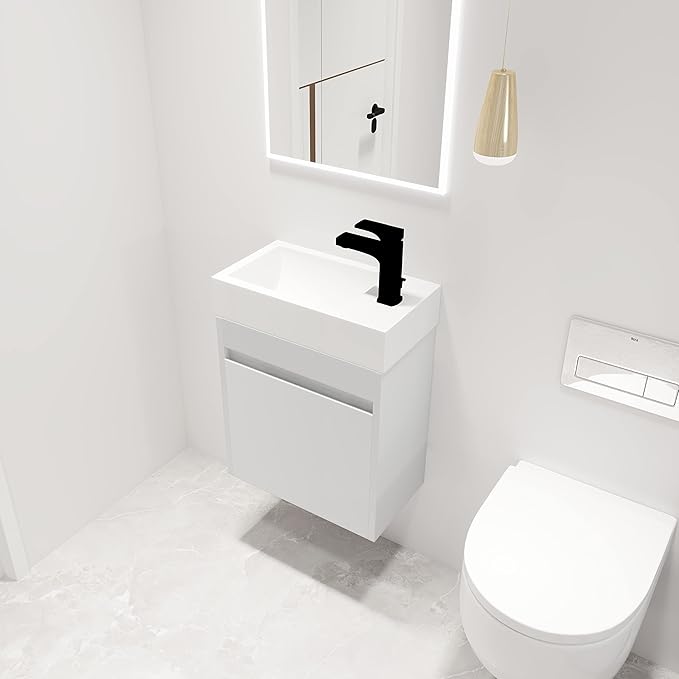 Malwee 18" Floating Bathroom Vanity with Sink, Mordern White Vanity Combo for Small Bathroom, Single Bath Wall Mounted Cabinet Side for Narrow Space, 1 Door and 1 Resin Basin. (005)