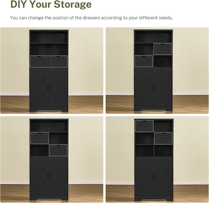 TEENFON Storage Cabinet with Doors & 2 Drawers, Kitchen Cabinet with Adjustable Shelf, Pantry Cabinets, Bathroom Cabinets, for Living Room, Entryway, Home Office, Black