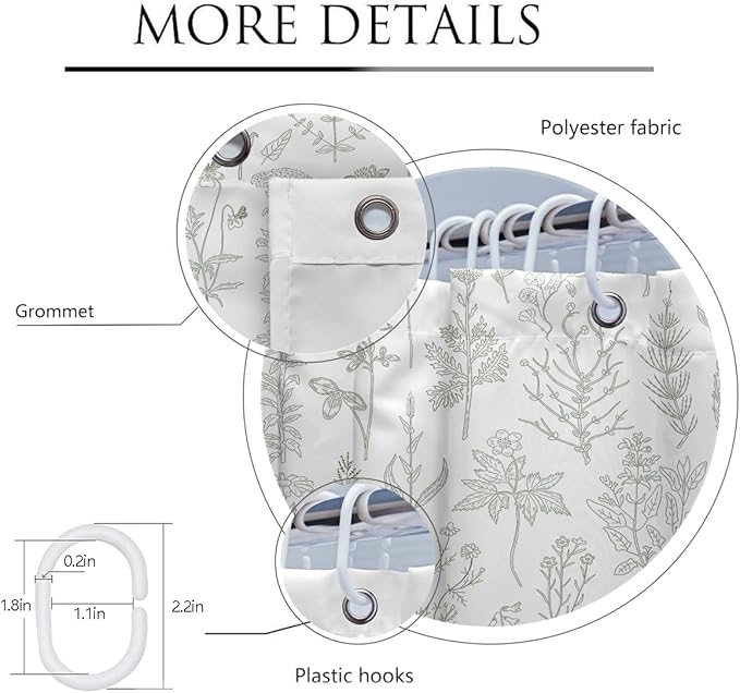Coxila Vintage Floral Shower Curtain Sage Green and White Flower Retro Cute Rustic Country Spring Summer Fun Boho Plant Botanical Leaf Greenery Bathroom 60 x 72 Inch Polyester Fabric 12 Pack Hooks