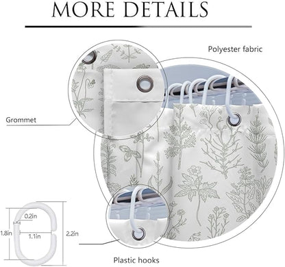 Coxila Vintage Floral Shower Curtain Sage Green and White Flower Retro Cute Rustic Country Spring Summer Fun Boho Plant Botanical Leaf Greenery Bathroom 60 x 72 Inch Polyester Fabric 12 Pack Hooks