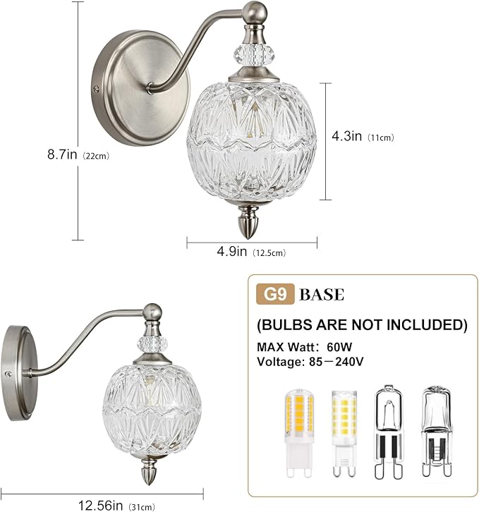 1 Piece Brushed Nickel Wall Sconce, 1-Light Mid Century Modern Brushed Nickel Finish Wall Sconce with Globe Glass Shade, Modern Light for Bathroom, Bedroom, Living Room,Powder Room