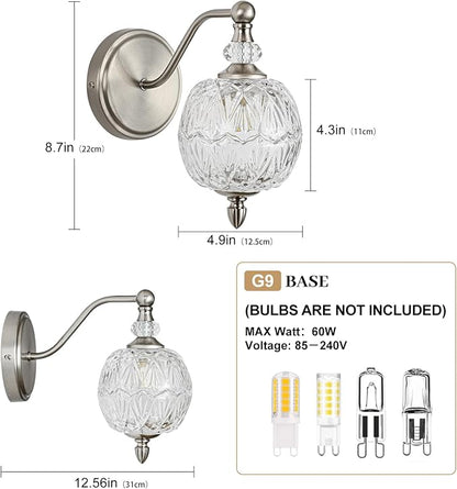 1 Piece Brushed Nickel Wall Sconce, 1-Light Mid Century Modern Brushed Nickel Finish Wall Sconce with Globe Glass Shade, Modern Light for Bathroom, Bedroom, Living Room,Powder Room