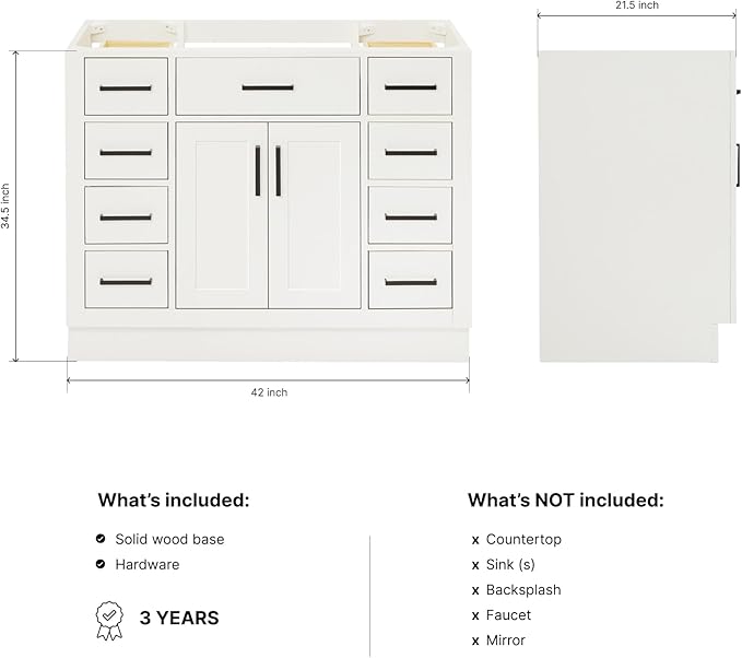 ARIEL Hepburn 42-inch Bathroom Vanity Base Cabinet,Solid Wood, 2 Soft Closing Doors, 9 Dovetail Drawers, White