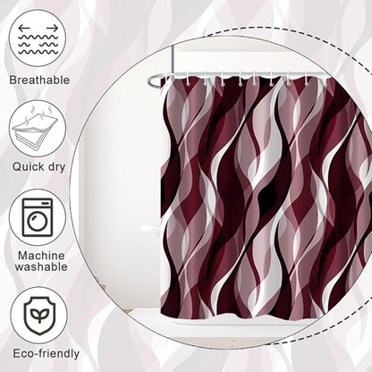 Burgundy Shower Curtain, Modern Abstract Ombre Burgundy Striped Shower Curtain Set for Bathroom Waterproof Shower Curtain with Hooks, 72x84 Inch