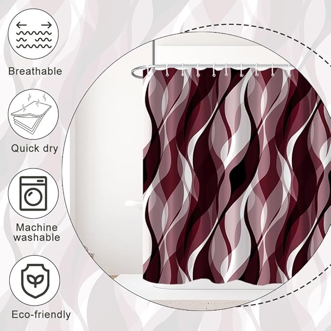 Burgundy Shower Curtain, Modern Abstract Ombre Burgundy Striped Shower Curtain Set for Bathroom Waterproof Shower Curtain with Hooks, 60x72 Inch