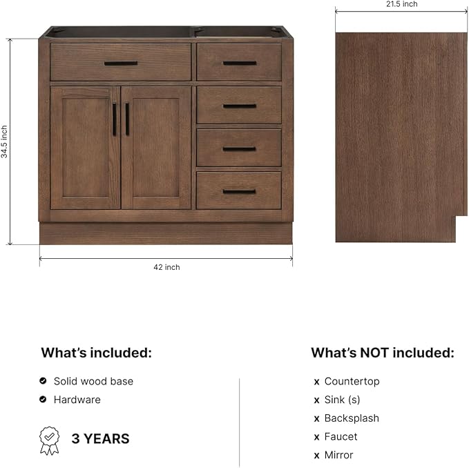 ARIEL Hepburn 42-inch Bathroom Vanity Base Cabinet,Solid Wood, 2 Soft Closing Doors, 5 Dovetail Drawers, Brown Oak