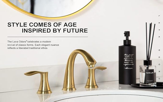Lava Odoro Valenvoir Gold Bathroom Faucet for Sink 3 Hole, Brushed Gold 8 inch Widespread Bathroom Faucet 2 Handle Bathroom Sink Faucet for Vanity with Drain Assembly Supply line, BF405-SG