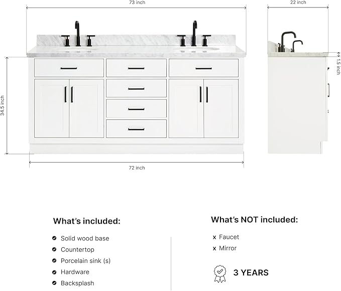 ARIEL Hepburn 72-inch Bathroom Vanity with Sink,Solid Wood, 1.5-inch Italian Carrara Marble Countertop & Backsplash, Double Oval Porcelain Sink, 4 Soft Closing Doors, 6 Dovetail Drawers, White