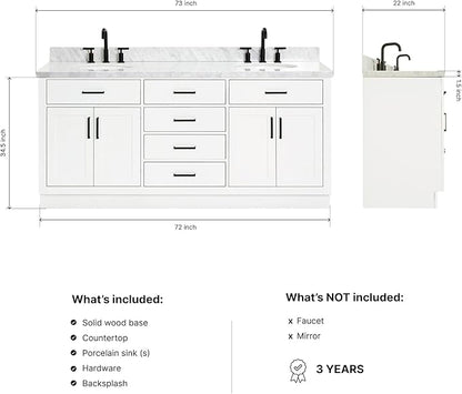 ARIEL Hepburn 72-inch Bathroom Vanity with Sink,Solid Wood, 1.5-inch Italian Carrara Marble Countertop & Backsplash, Double Oval Porcelain Sink, 4 Soft Closing Doors, 6 Dovetail Drawers, White