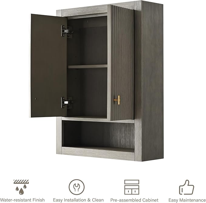HOMEBEYOND 24 Inches Bathroom Vanity Wall Mount Storage Cabinet & Shelves, Free-Standing Vanity with Soft-Closing Doors, Golden Brushed Handware, Driftwood Gray
