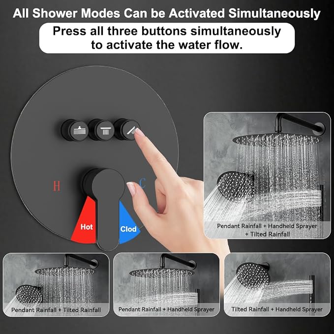 Shower Systems Round Shower Faucet Set,12+6" Dual Rainfall Shower head with 2 in 1 Handheld Spray, Wall Mount Push Button Shower Set with Valve and Trim Kit Matte Black, Can Use All at Once
