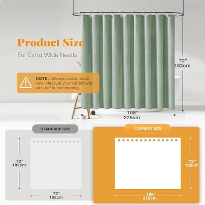 BTTN Extra Wide Shower Curtain - 108x72 Inch Linen Textured Waterproof Fabric Shower Curtain Set with 18 Plastic Hooks, Large Modern Decorative Shower Curtains for Bathroom and Bathtub - SageGreen
