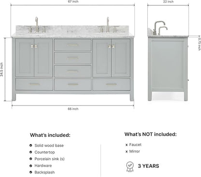 ARIEL Cambridge 66-inch Bathroom Vanity with Sink,Solid Wood, 0.75-inch Italian Carrara Marble Countertop & Backsplash, Double Oval Porcelain Sink, 4 Soft Closing Doors, 6 Dovetail Drawers, Grey