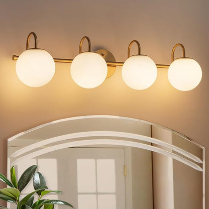 Gold Bathroom Vanity Light, 31" Modern Dimmable 4-Light Bathroom Light Fixture Over Mirror, Globe Vanity Light with Frosted Glass Shade Globe Wall Sconce