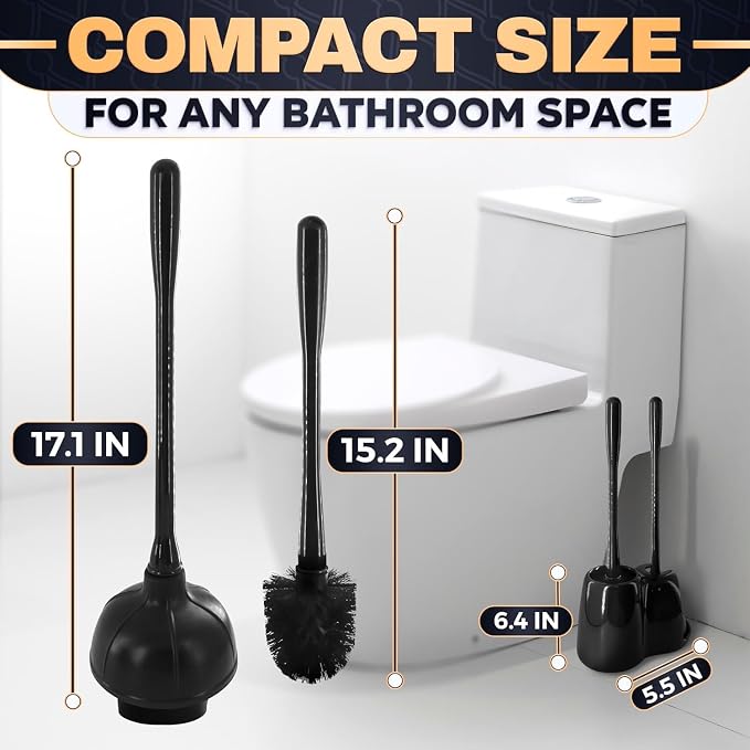 2-in-1 Black Toilet Brush and Plunger Set with Holder – Compact Bathroom Cleaning Combo, Strong Rubber Plunger & Stiff Bristle Brush, Space-Saving Stand, Fits Most Standard Toilets, 6.4×5.5×17.1 inch
