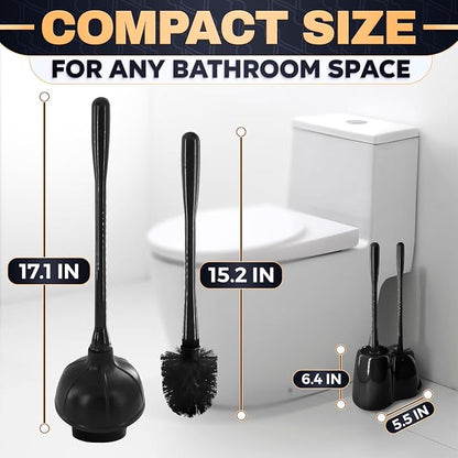 2-in-1 Black Toilet Brush and Plunger Set with Holder – Compact Bathroom Cleaning Combo, Strong Rubber Plunger & Stiff Bristle Brush, Space-Saving Stand, Fits Most Standard Toilets, 6.4×5.5×17.1 inch