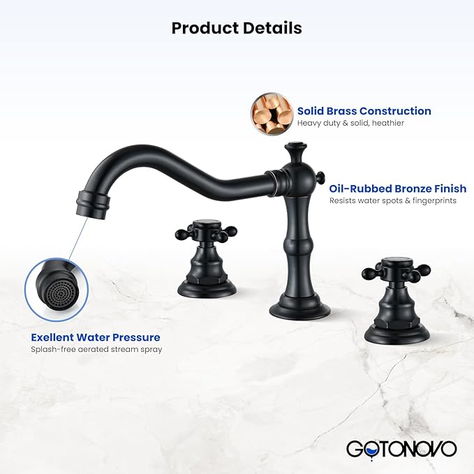 gotonovo 3 Hole Widespread Bathroom Sink Faucet Double Cross Handle Mixer Tap Faucet for Bathroom Sink Vanity Faucet Deck Mount Basin Hot Cold Water Matching Pop Up Drain Oil Rubbed Bronze