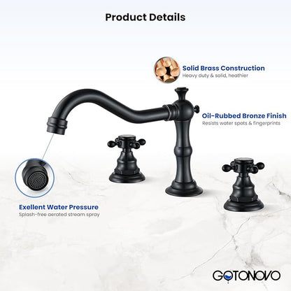 gotonovo 3 Hole Widespread Bathroom Sink Faucet Double Cross Handle Mixer Tap Faucet for Bathroom Sink Vanity Faucet Deck Mount Basin Hot Cold Water Matching Pop Up Drain Oil Rubbed Bronze